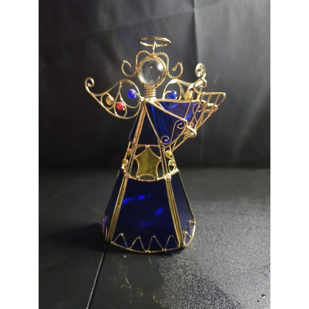 Handmade Stained Glass Angel Tealight Candle Holder Blue Gold Wire